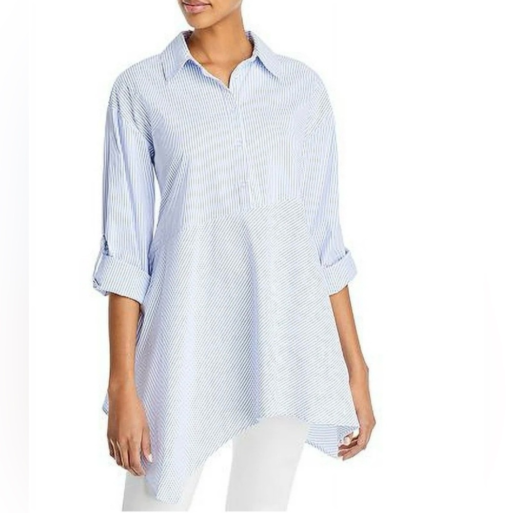 Cupio Women's Sz M Blue White Striped Roll Tab Sleeve Asymmetrical Tunic Blouse
